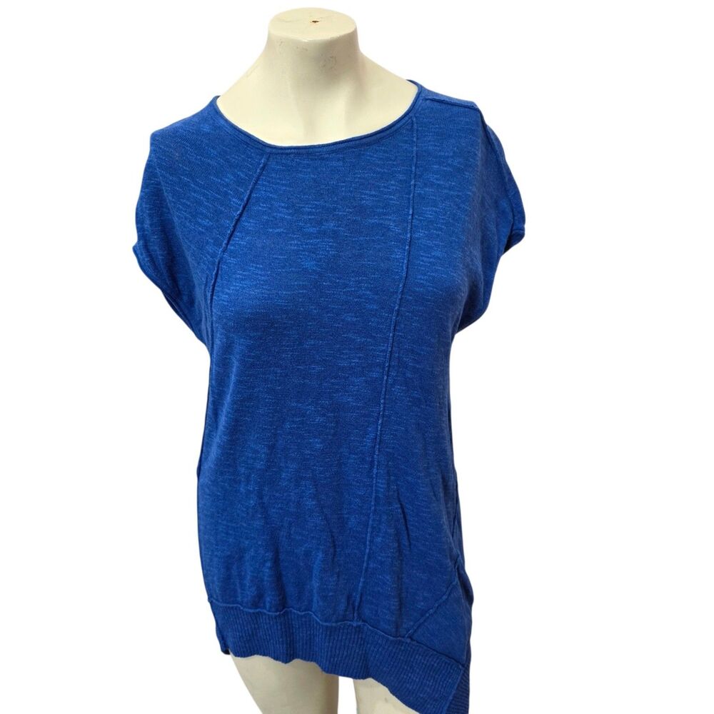 Eileen Fisher‎ M Blue Organic Linen Cotton Short Sleeve Knit Tunic Sweater Top